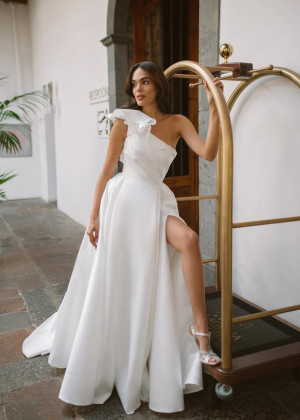One Shoulder Ivory Satin Slit Timeless Wedding Dress One Shoulder Ivory Satin Slit Timeless Wedding Dress